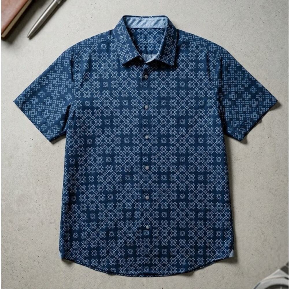 Tasso Elba Mens XL 17-17.5 Button Down Shirt Blue Geometric Pattern 100% Cotton